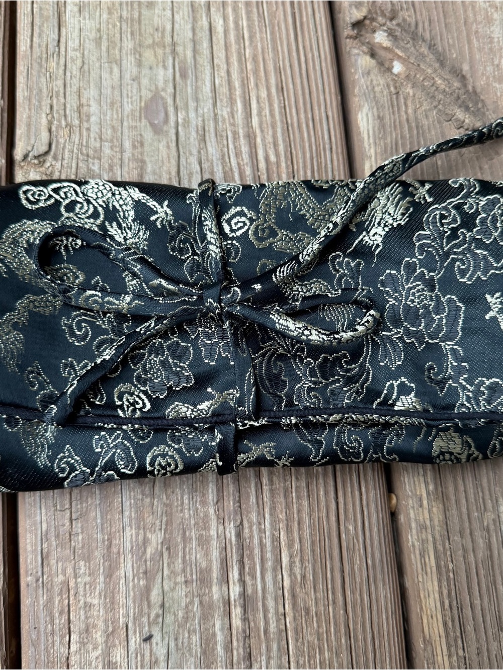 Asian Brocade Jewelry Roll Travel Organizer Black Gold Dragon Folding Case